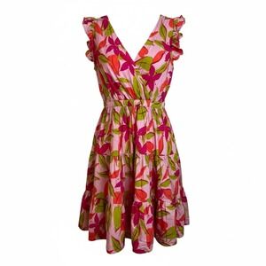 Taylor Floral Ruffle V Neck Tiered  Dress Pink Green Red Women's M Cottagecore